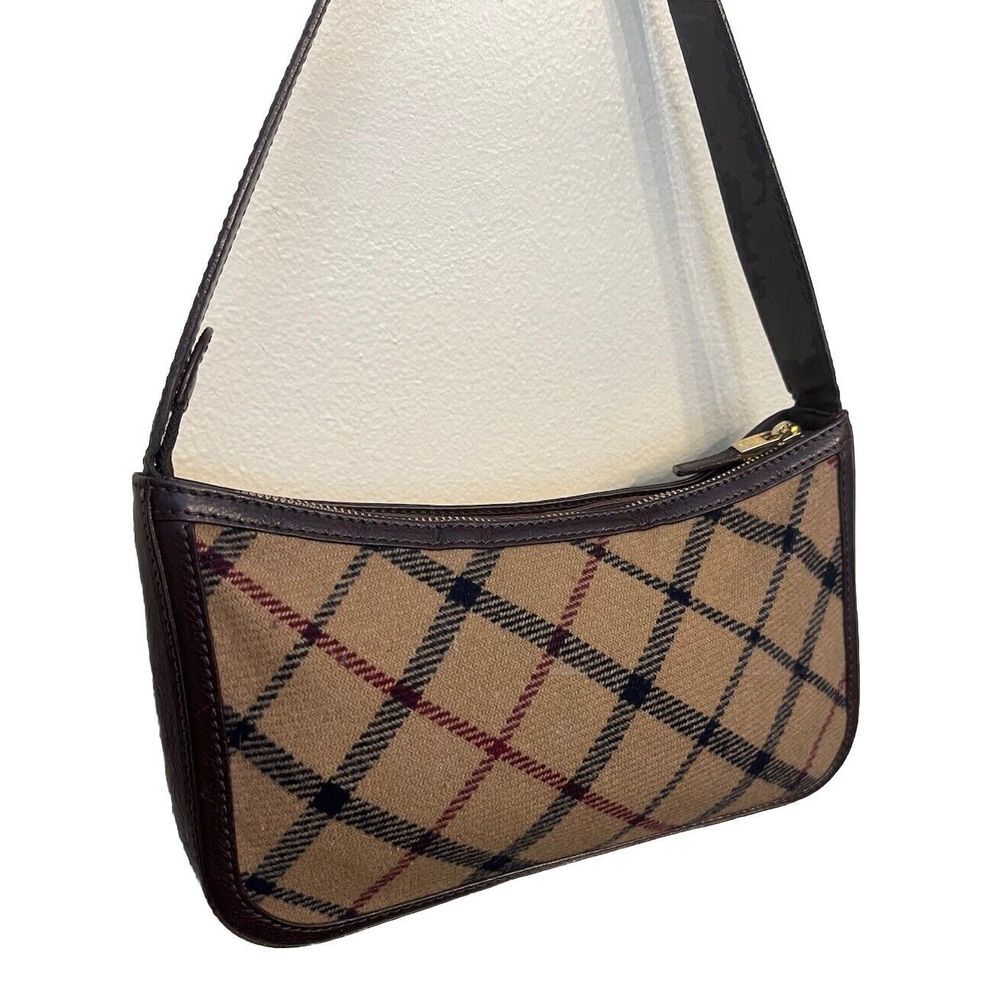 Vintage Brooks Brothers Beige Plaid Italian Leather Baguette Shoulder Bag - Picture 2 of 8